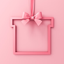 Sweet Pink Pastel Color Gift Frame Concept Hanging With Pink Ribbon Bow Isolated On Pink Background Minimal Conceptual 3D Rendering