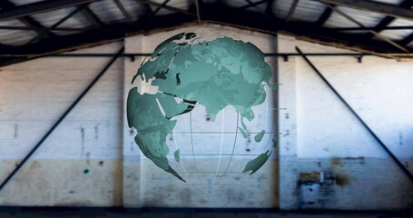 Poster - Animation of spinning green globe over empty warehouse