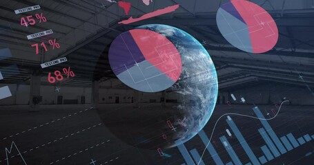 Poster - Animation of statistics recording, globe spinning over warehouse