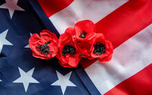 American Flag And Red Poppy Flowers, Background For National Holidays 