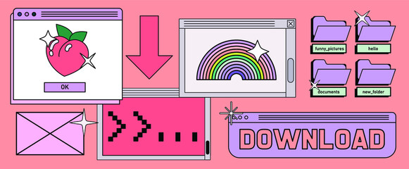 Leinwandbilder - Retrowave style desktop with message boxes, terminal console window and user interface elements. Retro OS in vaporwave 80's vintage stylization.