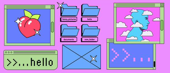 Leinwandbilder - Retrowave style desktop with message boxes, terminal console window and user interface elements. Retro OS in vaporwave 80's vintage stylization.