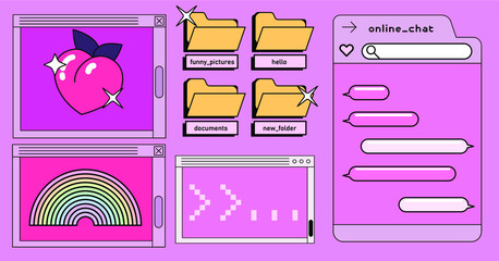 Aufkleber - Retrowave style desktop with message boxes, terminal console window and user interface elements. Retro OS in vaporwave 80's vintage stylization.