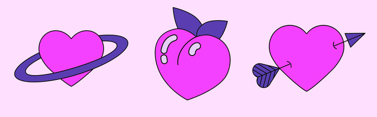 Poster - Set of heart emblems. Designs for stickers and patches in retro 90's cartoon style.