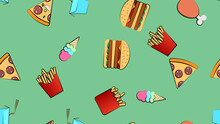 Seamless Endless Pattern Of Assorted Delicious Hearty Hot Fries, Gpizza, Ice Cream Fast Food On A Green Background. Texture