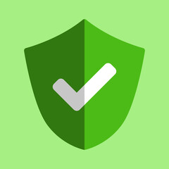Poster - green shield defence icon with checkmark sign and shadow. vector image.