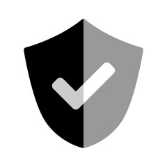 Poster - black and white shield defence icon with checkmark sign and shadow. vector image.