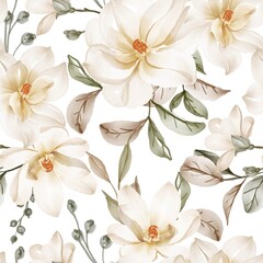 Wall Mural - Seamless pattern with spring flowers magnolia white and leaves, floral pattern for wallpaper background