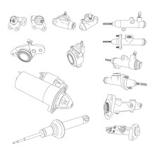 Line Vector Auto Moto Parts Accessories Clutch Brake Cylinders. Repair Service Equipment. Engine Elements Shop Catalog. Vintage Vehicle Symbol. Retro Motorcycle Mechanic.