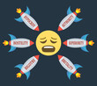 missiles with text hypocrisy,authority,brutality,superiority,bigotry,hostility,aimed against weary face on dark blue background,shelling,bomb,missile,war concept vector illustration
