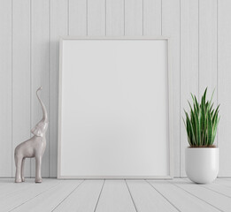 Wall Mural - Vertical poster art mockup with wooden frame and green plant in vase on white planks. Interior decoration concept 3d render 3d illustration