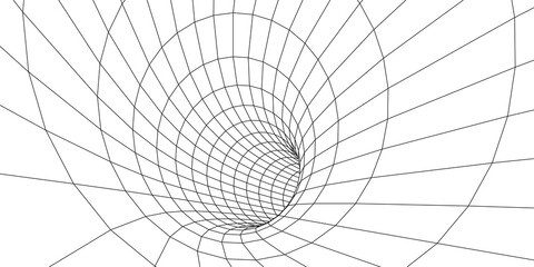 Poster - Tunnel or wormhole. Digital 3d wireframe tunnel. 3D tunnel grid. Network cyber technology. Surrealism. Vector illustration.
