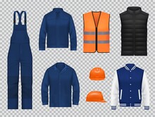 Construction Workers Clothing, Uniform Mockups. Realistic Vector Blue Overalls Pants, Heated Black And Safety Reflective Vest, Jacket, Hard Hat Helmet. Engineer, Mechanic Or Builder Apparel, Work Wear