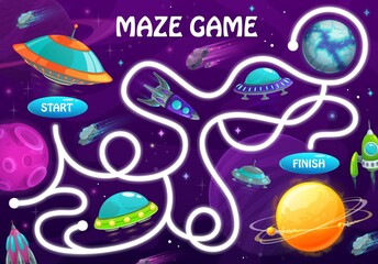 Aufkleber - Labyrinth maze game with space planets and shuttles. Kids vector board game with rockets and alien ufo saucers in galaxy. Boardgame with tangled path, start and finish, cartoon educational child test