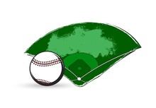 Baseball Sport Game Vector Ball And Diamond Play Field Of Stadium Or Ballpark With Bases, Home Plate, Infield And Grass Line, Foul Lines And Outfield. Baseball Championship And Tournament Match Design