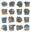 Galaxy and space discovery icons, vector emblems astronaut in galaxy, rocket in outer cosmos, shuttle expedition, explore adventure. Satellite in space, lunar rover on planet surface retro labels set