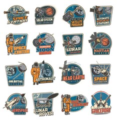 Poster - Galaxy and space discovery icons, vector emblems astronaut in galaxy, rocket in outer cosmos, shuttle expedition, explore adventure. Satellite in space, lunar rover on planet surface retro labels set