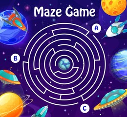 Aufkleber - Space labyrinth maze in galaxy. Kids vector boardgame with spaceships and planets. Board game with rockets in space and path with tree entrance and earth globe in center. Cartoon riddle with shuttles