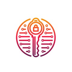 Aufkleber - Cyber security icon padlock inside of key in microcircuit circle. Vector emblem for data protection and prevention of hacker attack. Internet safety design element isolated on white background