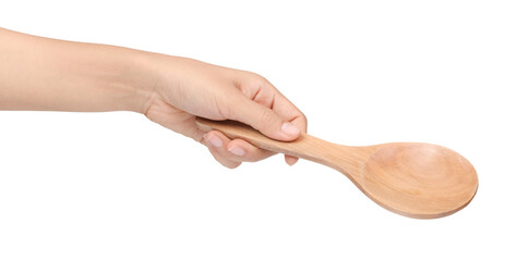 Sticker - hand holding Wooden Spoon isolated on white background