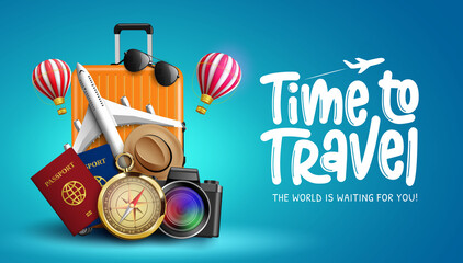 Wall Mural - travel time vector banner design. time to travel text with travelling elements like airplane, compas