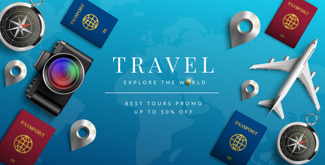 Wall Mural - travel vector background design. travel explore the world text in 50% off promo discount with travel
