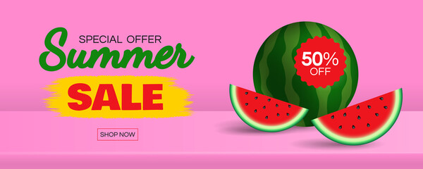 Wall Mural - summer sale horizontal web banner design with watermelon with slices on pink background vector illustration