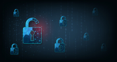 Wall Mural - Concept of data attacks security.Visualization of cyber attacks With Padlock  destroyed on dark blue background.Cyber attack and Information leak concept.Vector illustration.