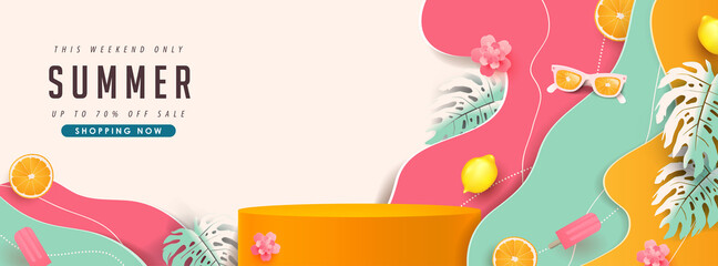 colorful summer sale banner with product display cylindrical shape