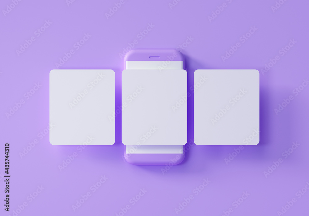 Minimal social media mockup, Smartphone with interface carousel and emojis post on social network on purple background. 3d render illustration. - obrazy, fototapety, plakaty 