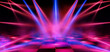 © klyaksun - Dance floor, empty night club stage illuminated with red and blue spotlights. Checkered scene with laser beams, lamps and swirling smoke, disco dancing area interior, Realistic 3d vector illustration