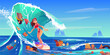 Pollution sea by plastic trash and garbage. Surfer girl swim in dirty water. Vector cartoon landscape of ocean with woman riding on surf board and floating waste, bottles, boxes and bags