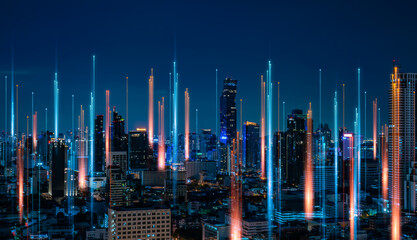 Poster - smart city with wireless network connection and cityscape.big data connection technology concept.wir