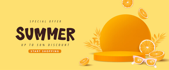 Wall Mural - colorful summer sale banner with orange concept product display cylindrical shape
