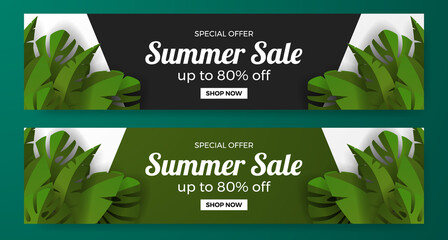 Wall Mural - summer sale offer banner promotion with green tropical leaves illustration concept