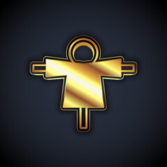 Sticker - Gold Scarecrow icon isolated on black background. Vector