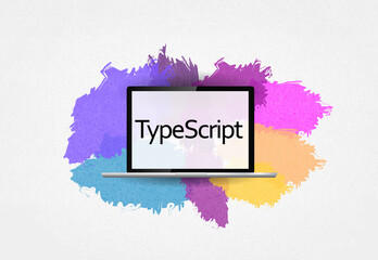 Poster - TypeScript Programming Language. Word TypeScript on laptop