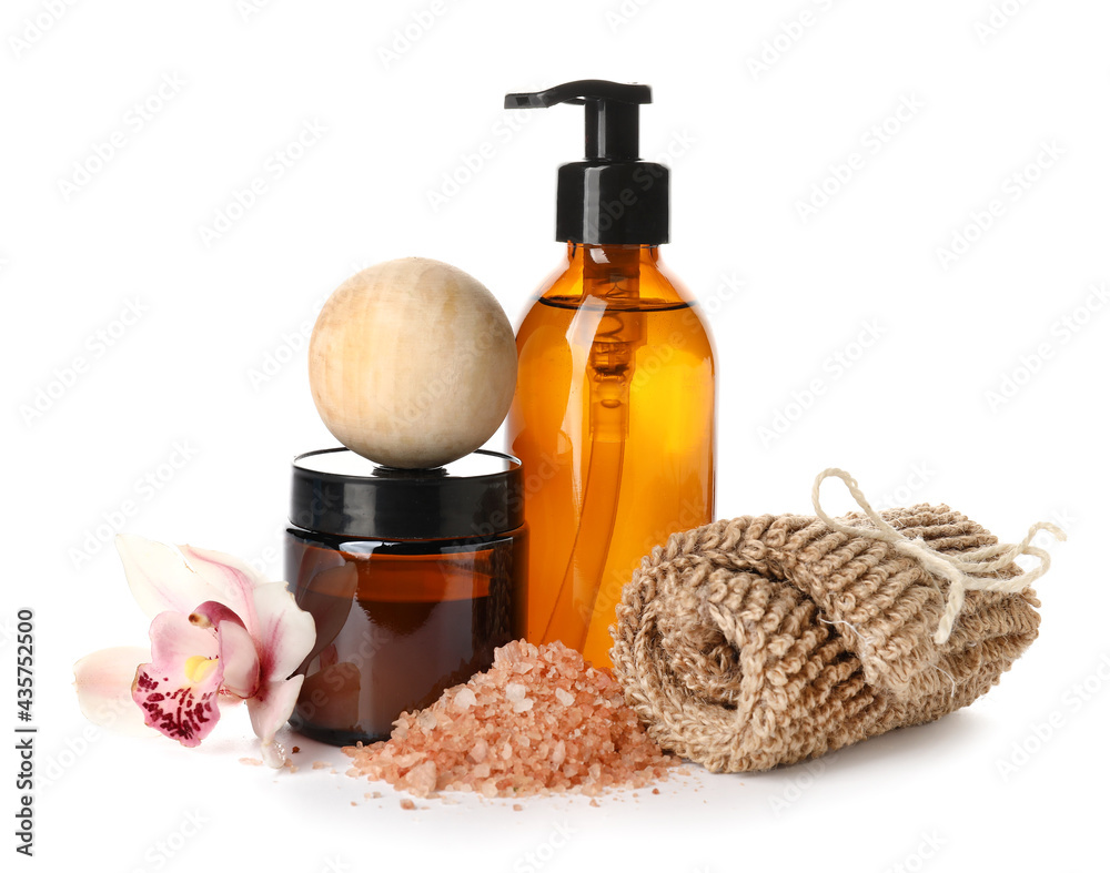 Composition with cosmetic products and bath supplies on white background