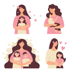 beautiful woman holds a baby in her arms, mom hugs her children. mother's day, women's day. set of f