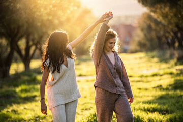 two girlfriends, a lesbian couple with hats on their heads walking hand in hand in the field on a sunny day. lesbian concept. gay