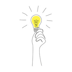 Aufkleber - Hand holding light bulb in one continuous line drawing for Concept of creative mind and successful idea. Doodle hand drawn vector illustration
