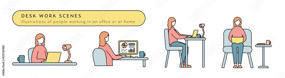 デスクワーク中の女性のイラストセット 仕事 ビジネス パソコン リモートワーク Pc 働く 人物 Wall Mural Yugoro