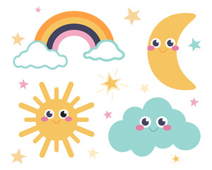Wall Mural - Cute set of stars, moon, rainbow, cloud and sun. Vector image in a flat cartoon style. Decor for children's room, posters, postcards, clothing and interior