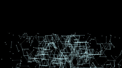 Poster - 3D cube of lines and dots. Wireframe polygonal element on dark background. Science and technology. 3d rendering