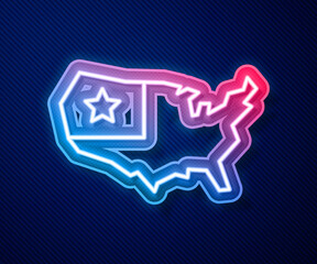 Fototapete - Glowing neon line USA map icon isolated on blue background. Map of the United States of America. Vector