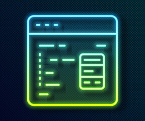 Glowing neon line Software, web developer programming code icon isolated on black background. Javascript computer script random parts of program code. Vector