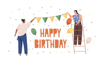 happy people preparing decoration and ornaments for birthday party. women hanging paper garland and 