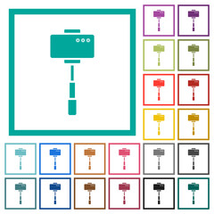 Poster - Smartphone on selfie stick back view flat color icons with quadrant frames