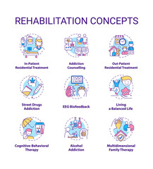 Sticker - Rehabilitation concept icons set. Addiction recovery steps. Addiction treatment methods. Rehabilitation types idea thin line color illustrations. Vector isolated outline drawings. Editable stroke