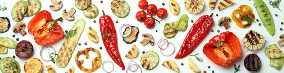 Wall Mural - Tasty grilled vegetables on white background, top view